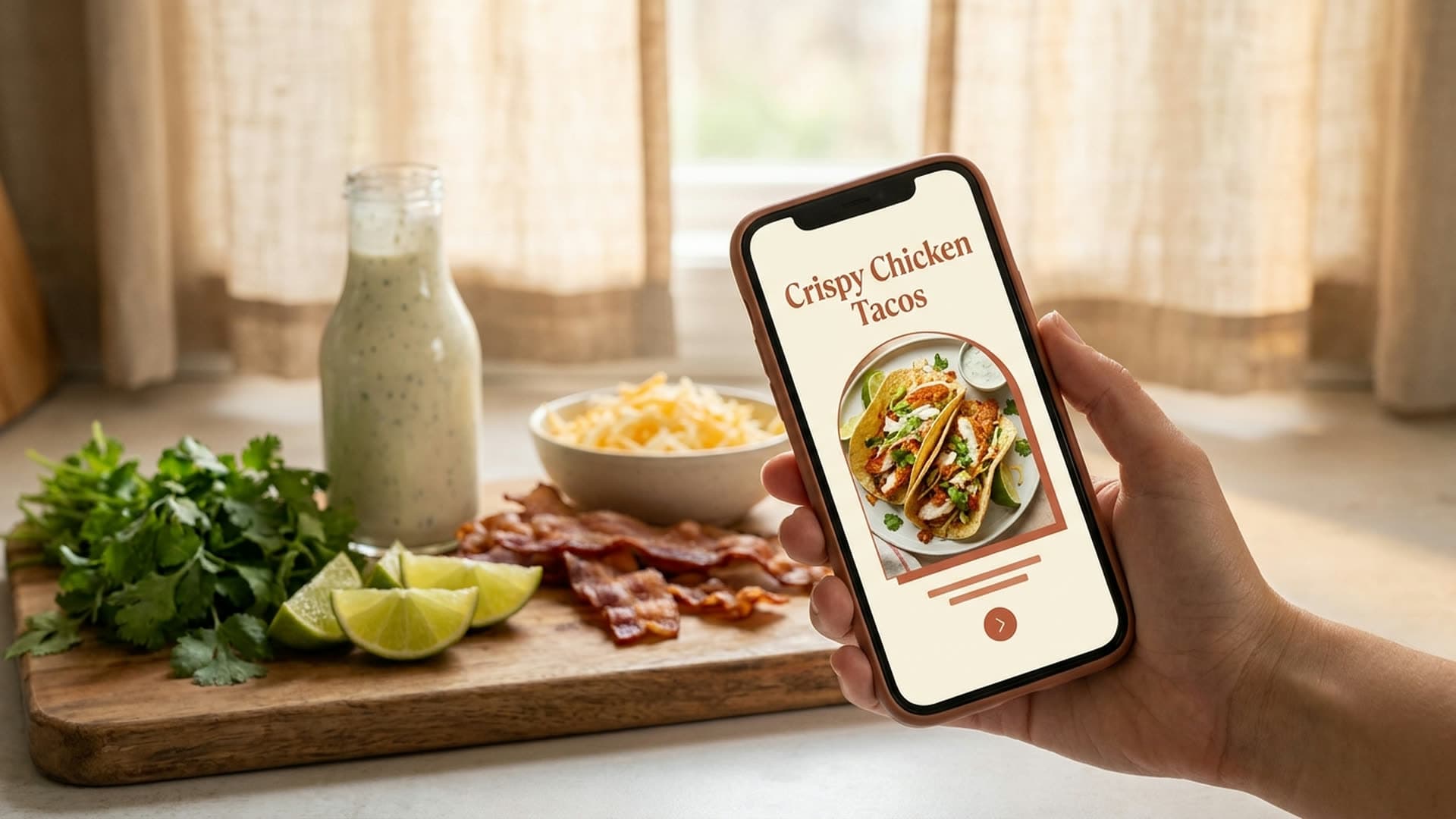 A hand holds an iPhone showing a CookOS recipe page for Crispy Chicken Tacos. Fresh ingredients — cilantro, lime, bacon, shredded cheese, ranch dressing — sit on a wooden board behind it in a warm golden-hour kitchen.