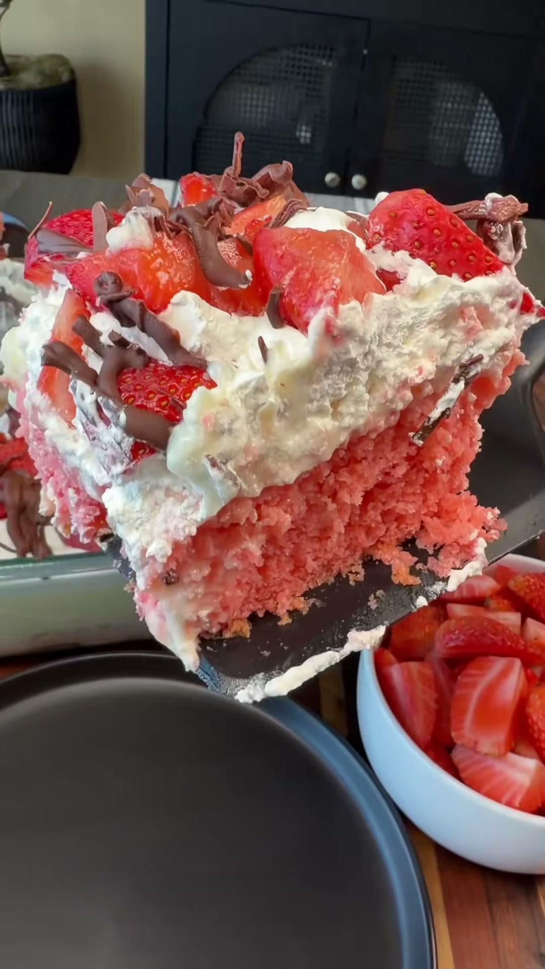 Chocolate Covered Strawberry Poke Cake