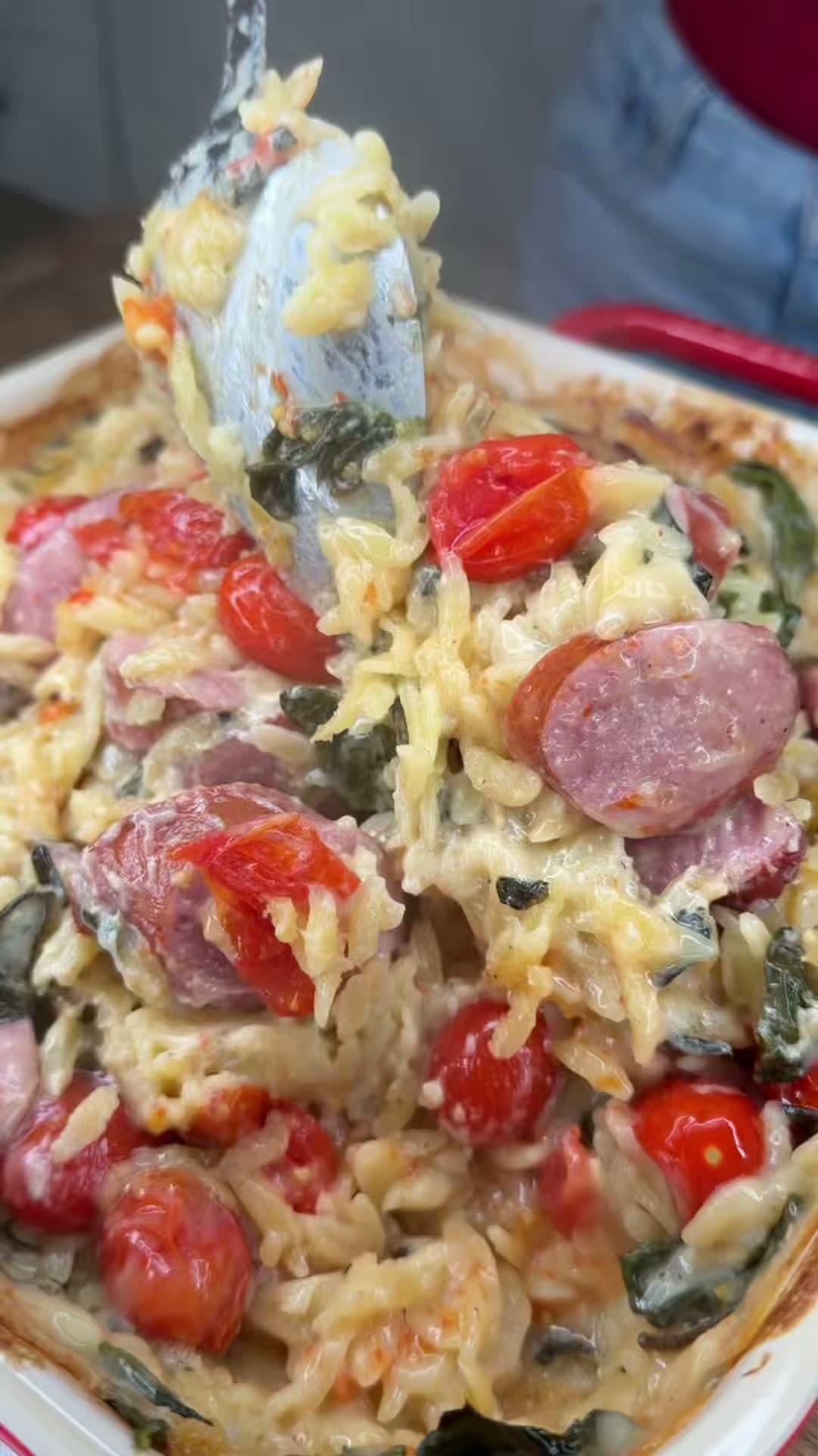 Baked Orzo with Smoked Sausage and Spinach