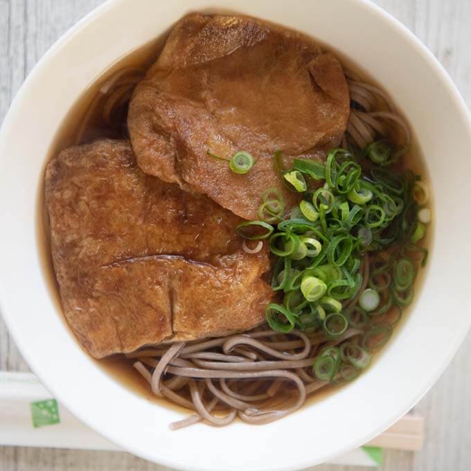 Kitsune Soba (Buckwheat Noodle Soup with Fried Tofu)