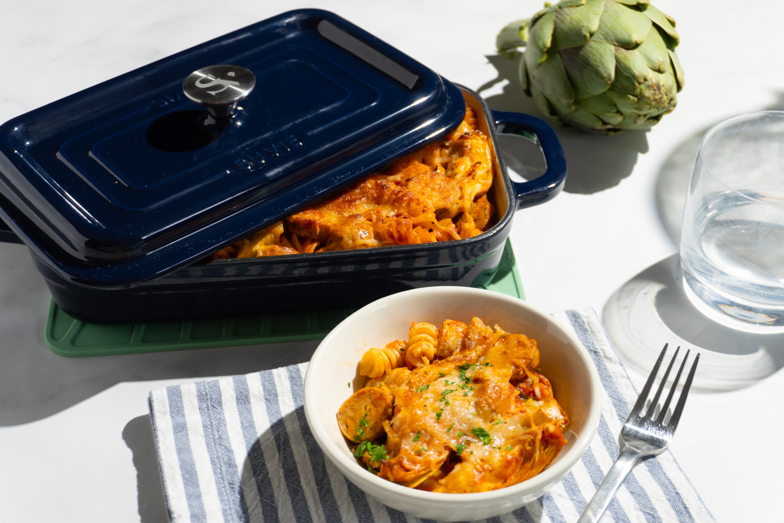 Artichoke, Chicken Sausage, and Mozzarella Pasta Bake
