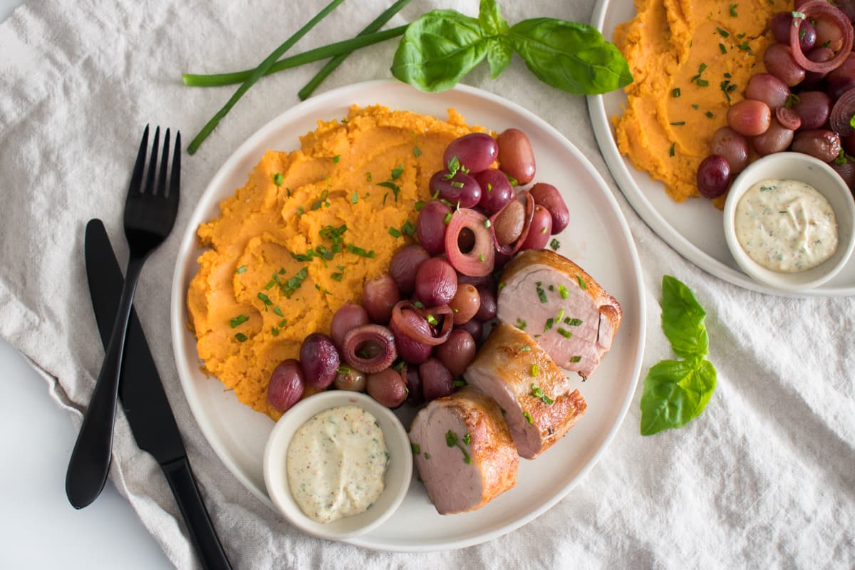 Aioli & Herb Pork Tenderloin with Roasted Grapes