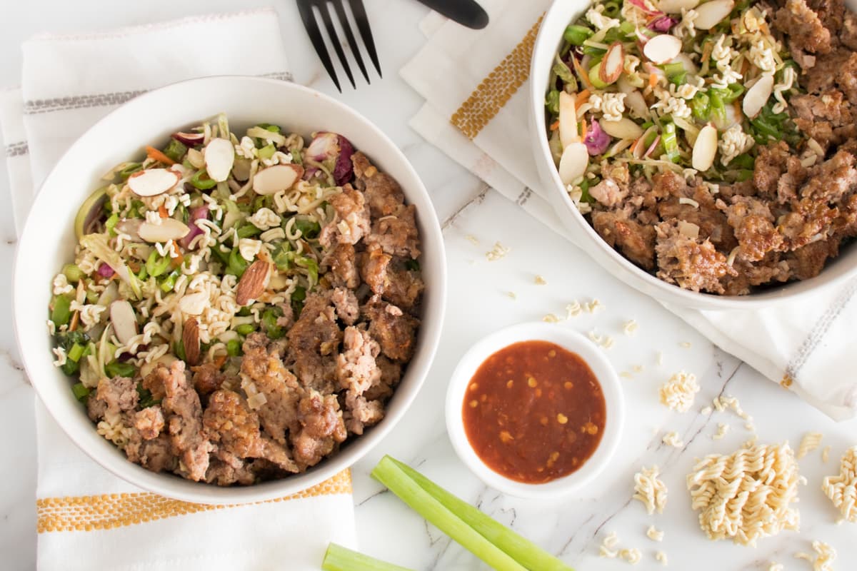 Asian Ground Pork with Ramen Noodle Slaw
