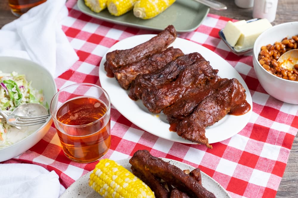 BBQ Pork Ribs, Beans, Corn, and Coleslaw