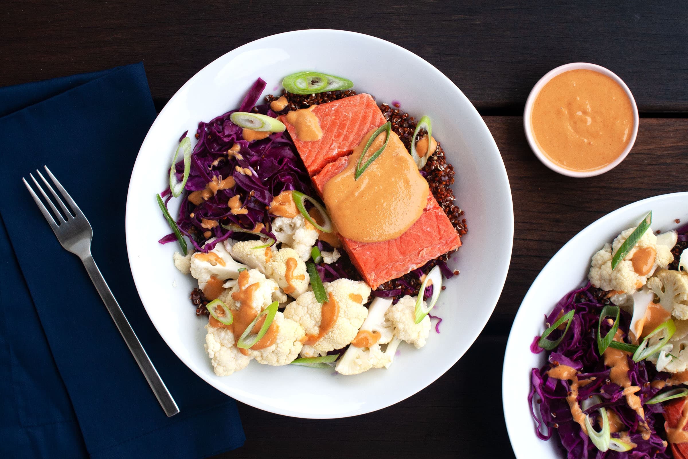 Cauliflower Salmon Bowls with Red Cabbage Slaw