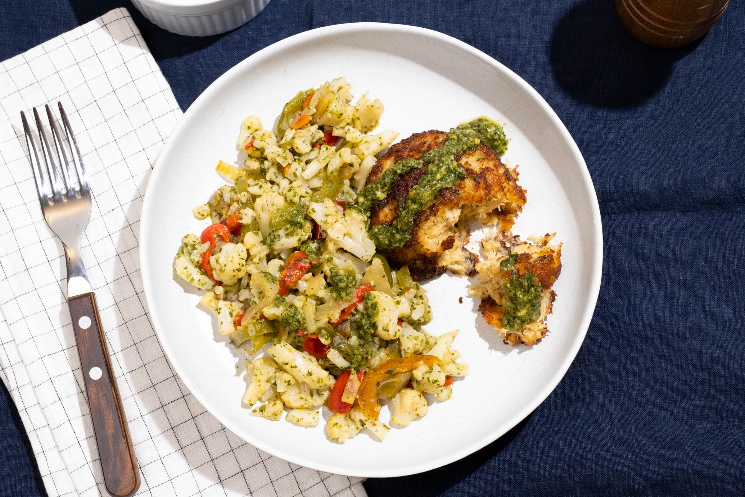 Crab Cake and Chimichurri Sauce with Roasted Cauliflower