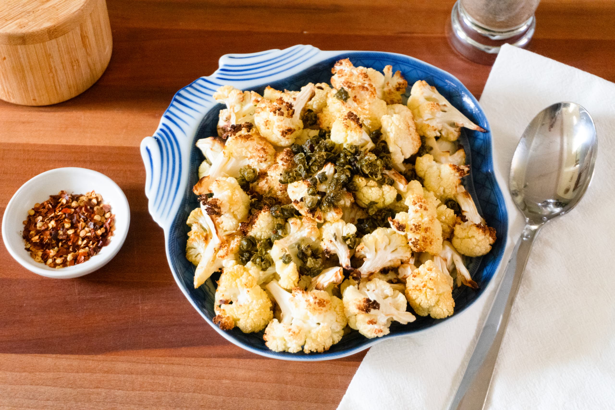 Crispy Cauliflower with Fried Caper Chili Oil