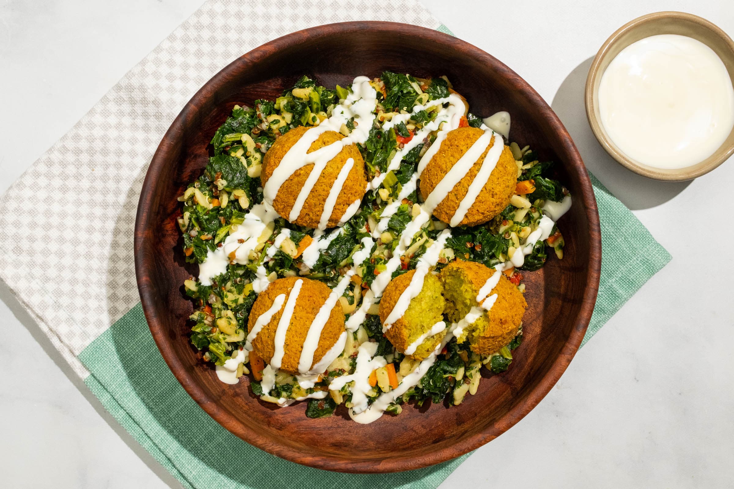 Crispy Falafel and Garlic Sauce with Whole Grain Orzo and Kale