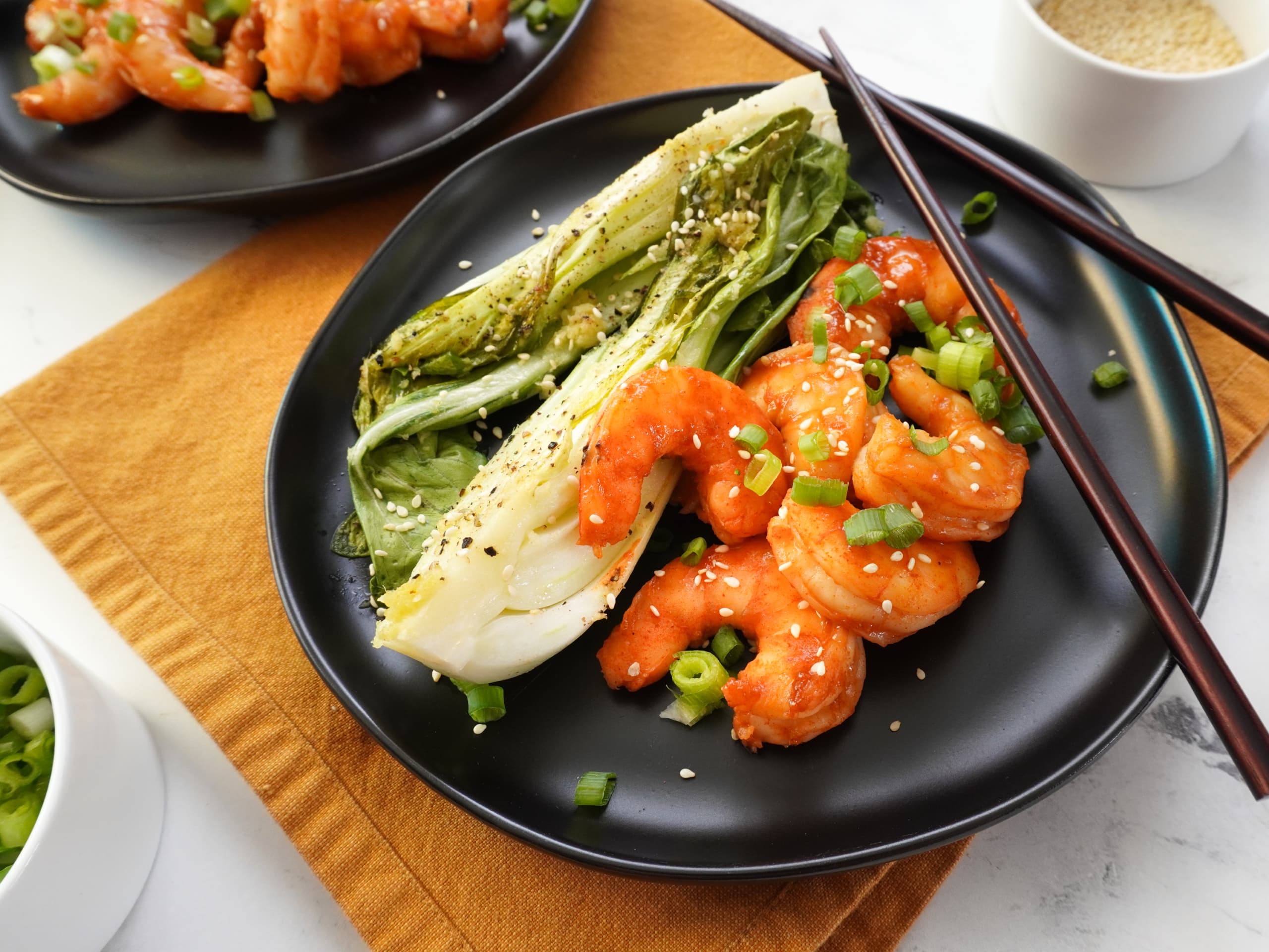Gochujang Honey Shrimp with Garlic Ginger Baby Bok Choy