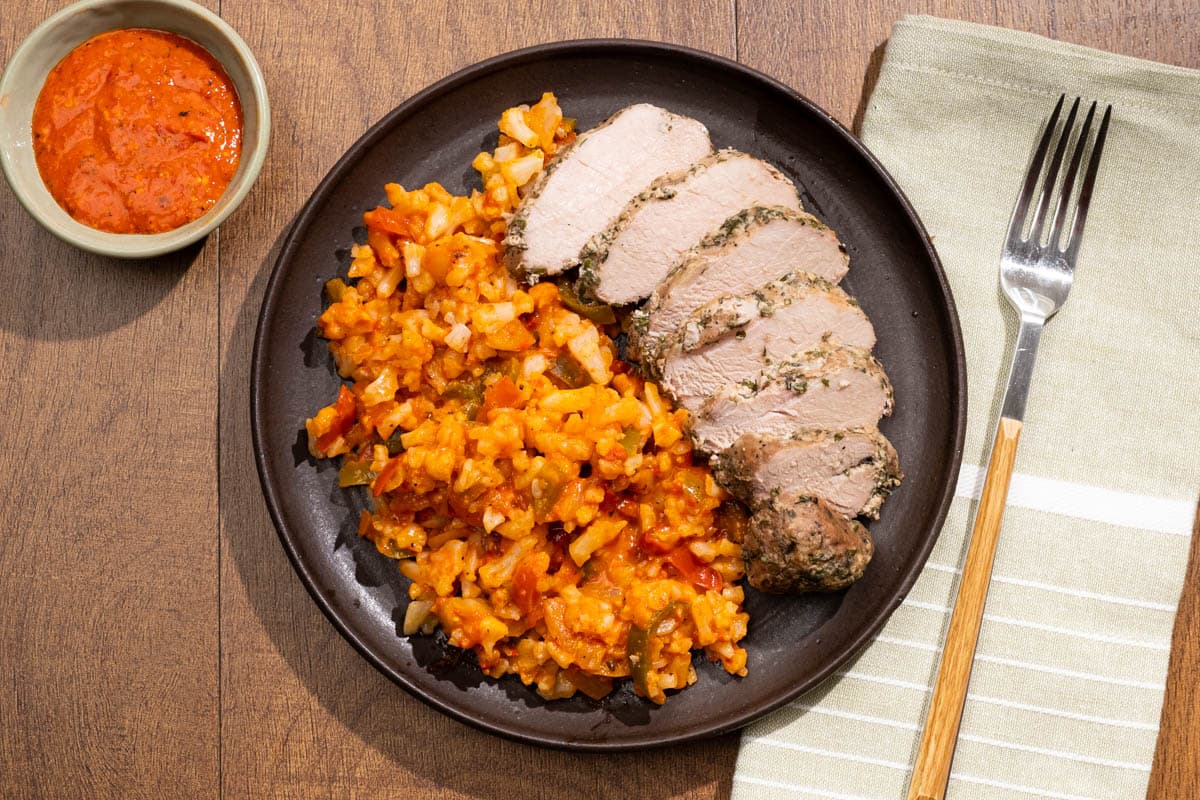 Garlic Herb Pork Tenderloin with Red Pepper Pesto
