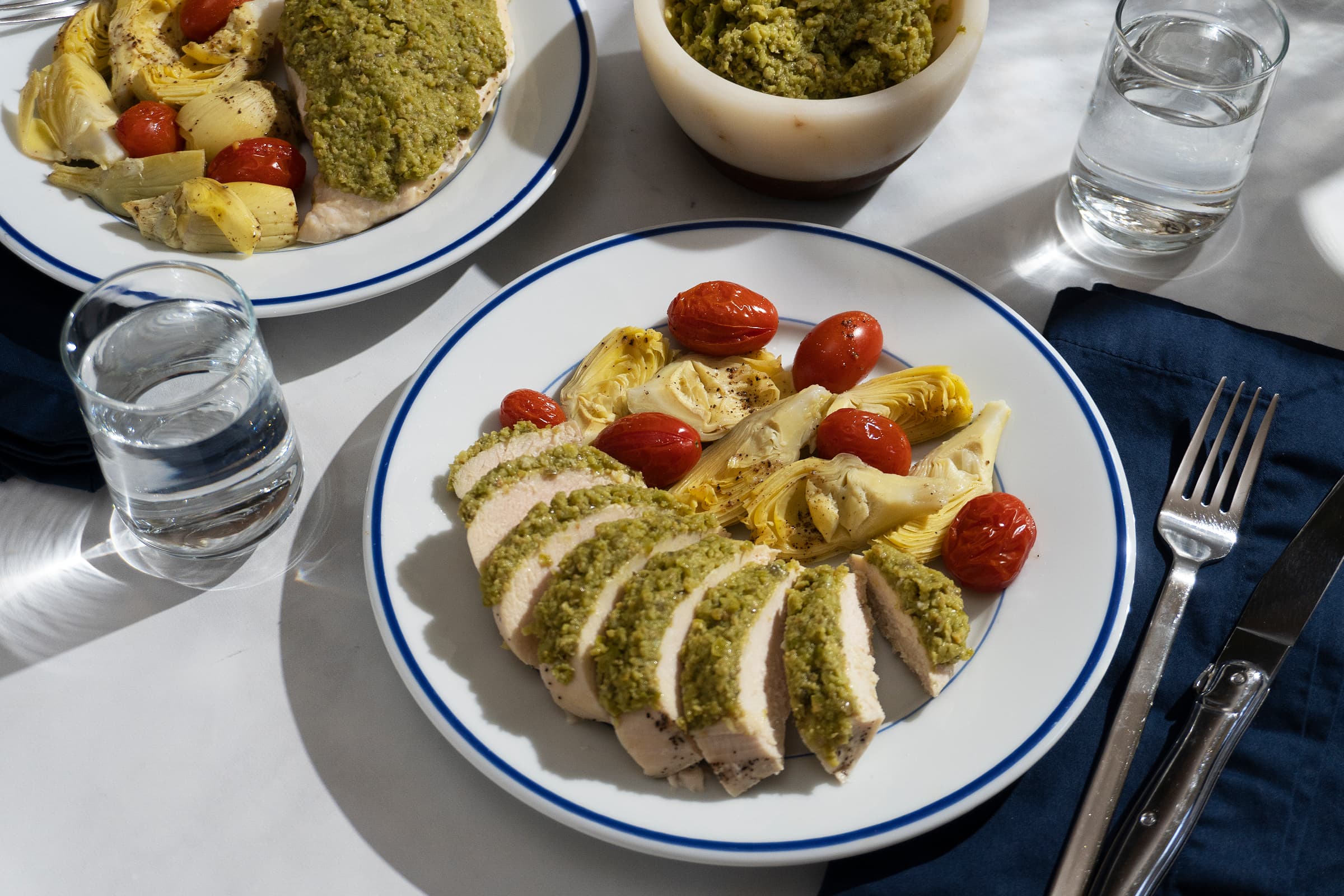 Green Olive Tapenade Chicken with Roast Vegetables