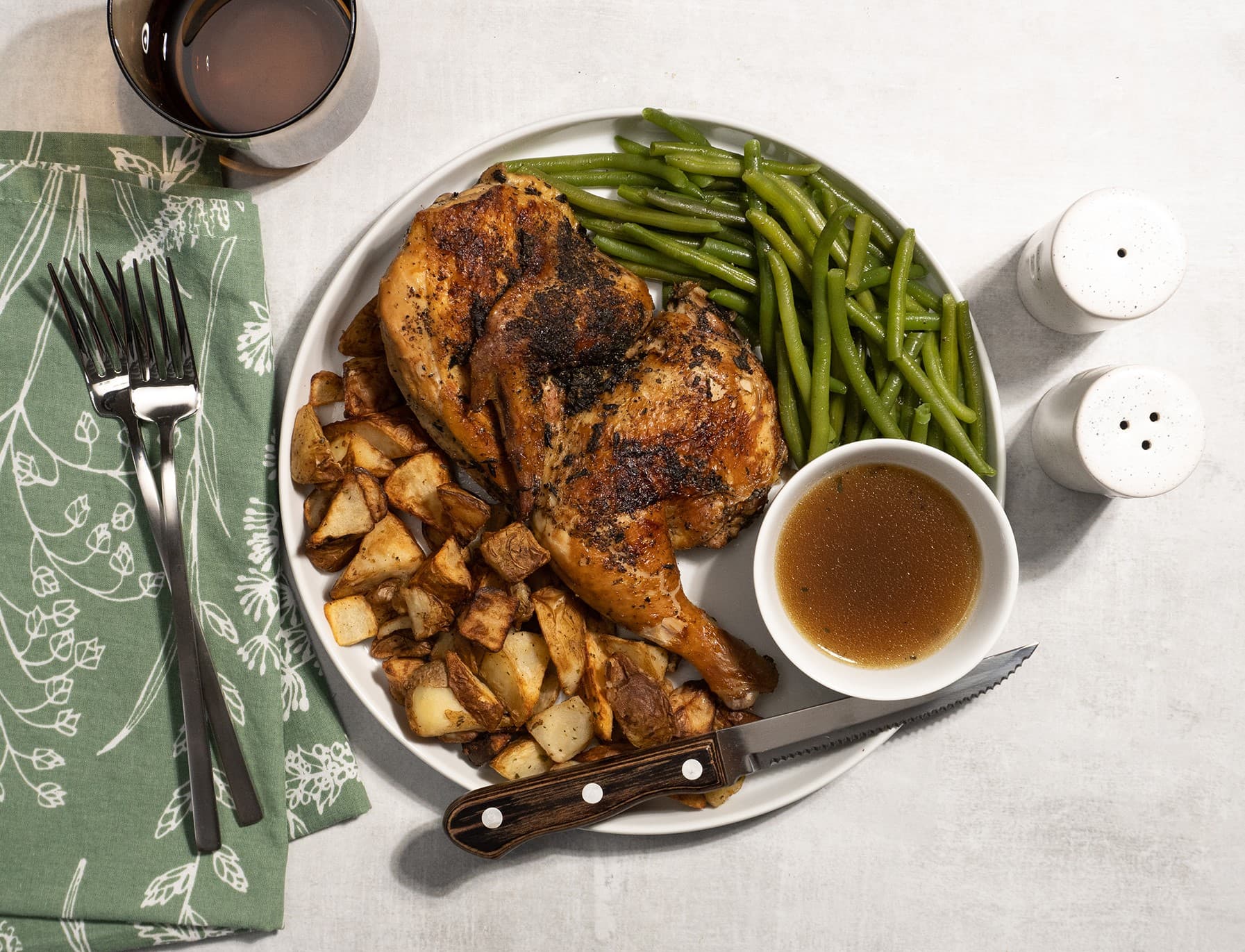 Herb Roasted Chicken with Garlic Potatoes and French Green Beans