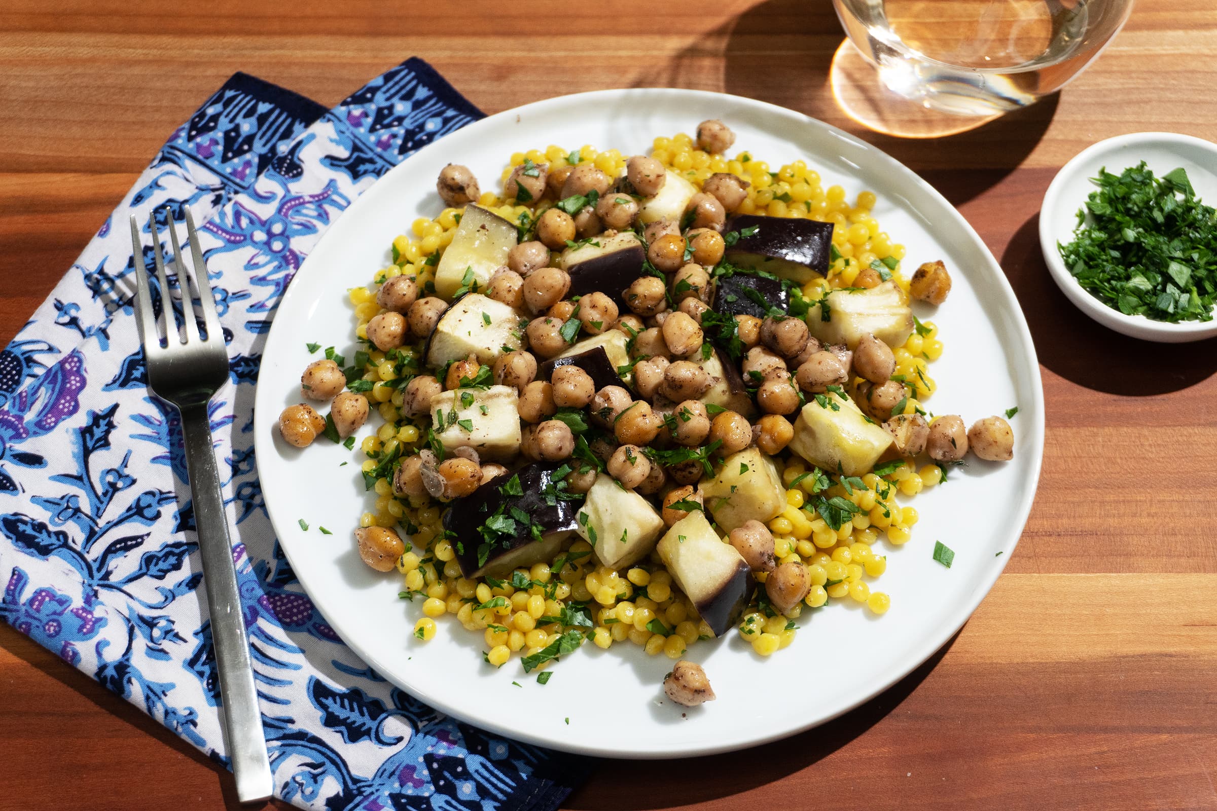 Herby Chickpeas with Roasted Eggplant and Couscous