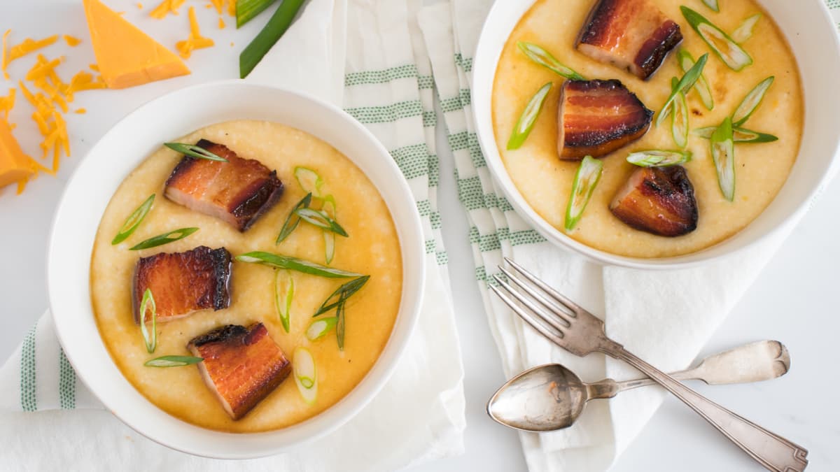 Hot Honey Pork Belly with Creamy Cheddar Grits