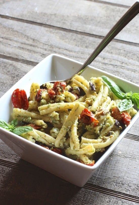 Casarecce Pasta with Pesto, Eggplant and Slow Roasted Tomatoes