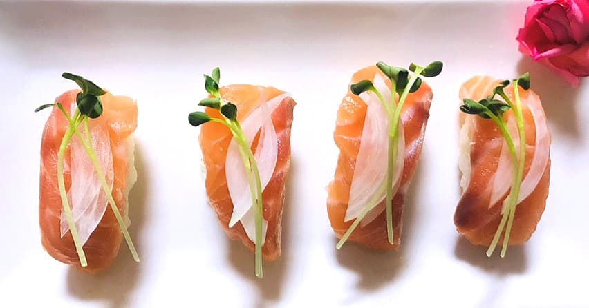 Today's omakase salmon sushi + Korean beef sushi
