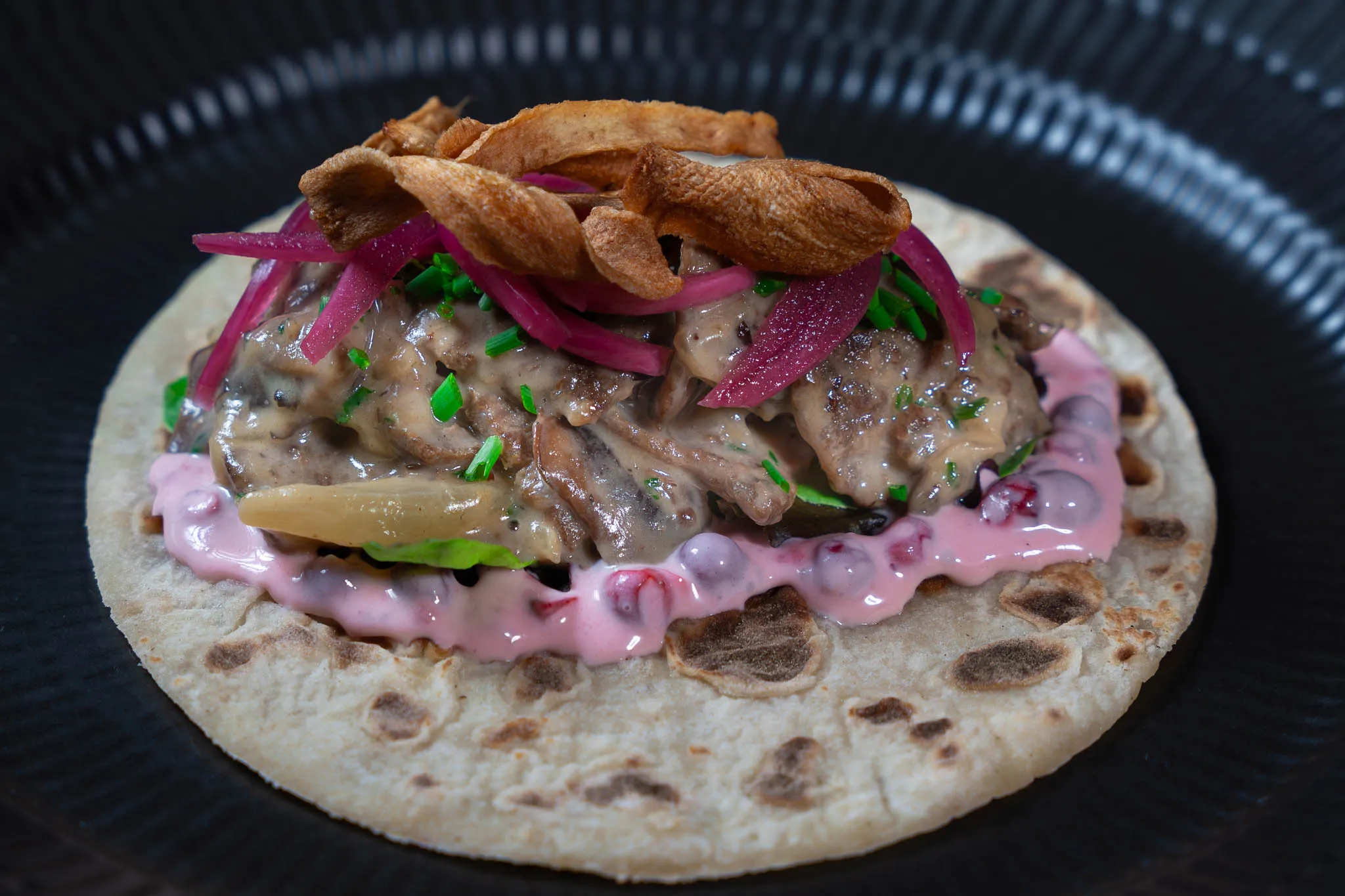 Norwegian Reindeer Tacos in Potetkaker with Lingonberry Cream & Crisp Parsnip