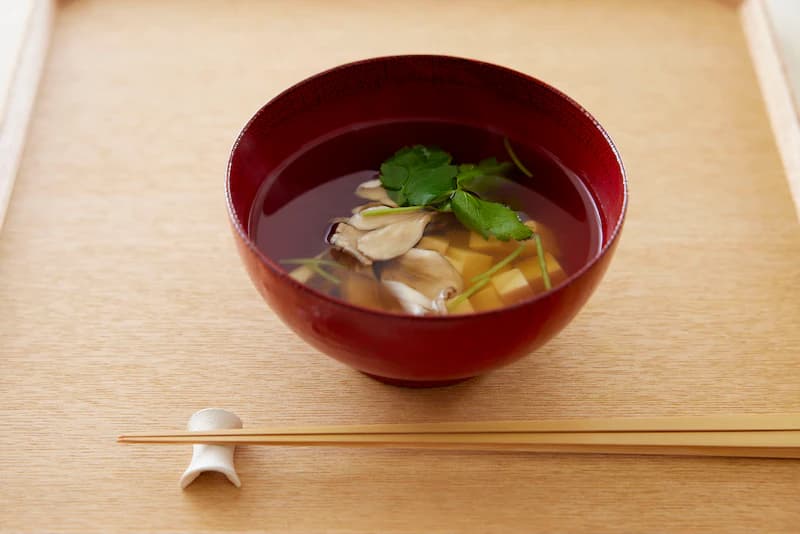 Japanese Clear Soup with Tofu, Mushrooms, and Mitsuba (Osuimono)