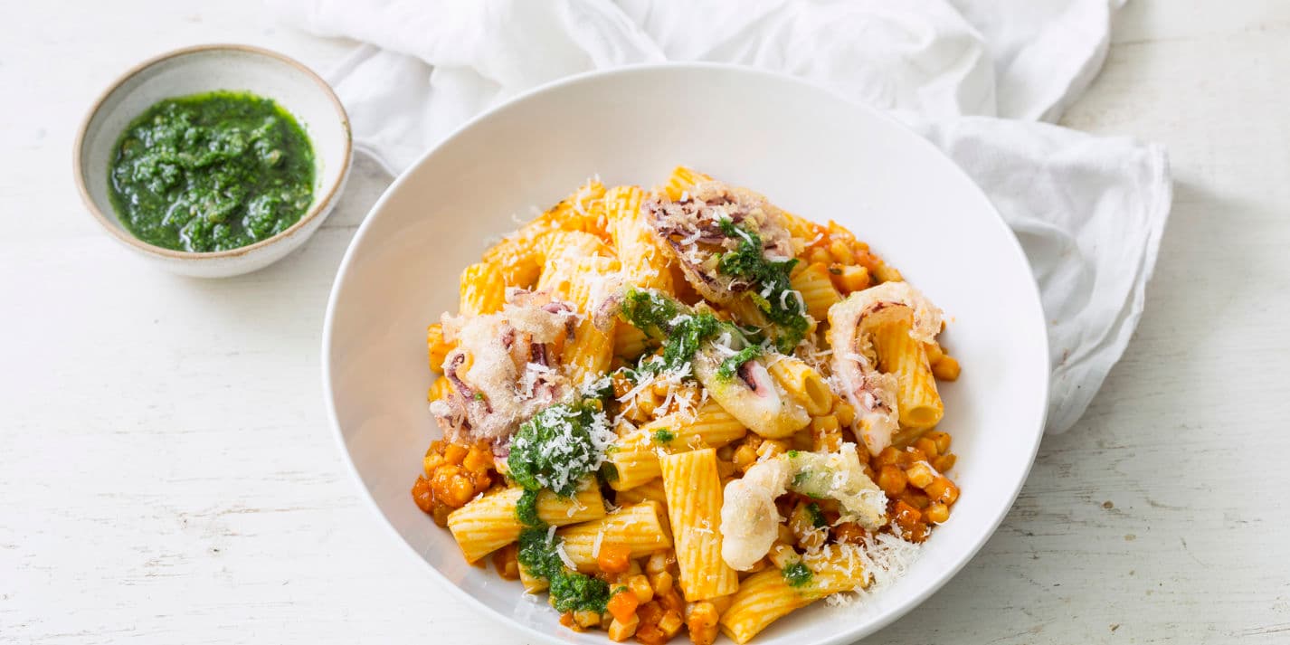 Cuttlefish ragù with tortiglioni and salsa verde