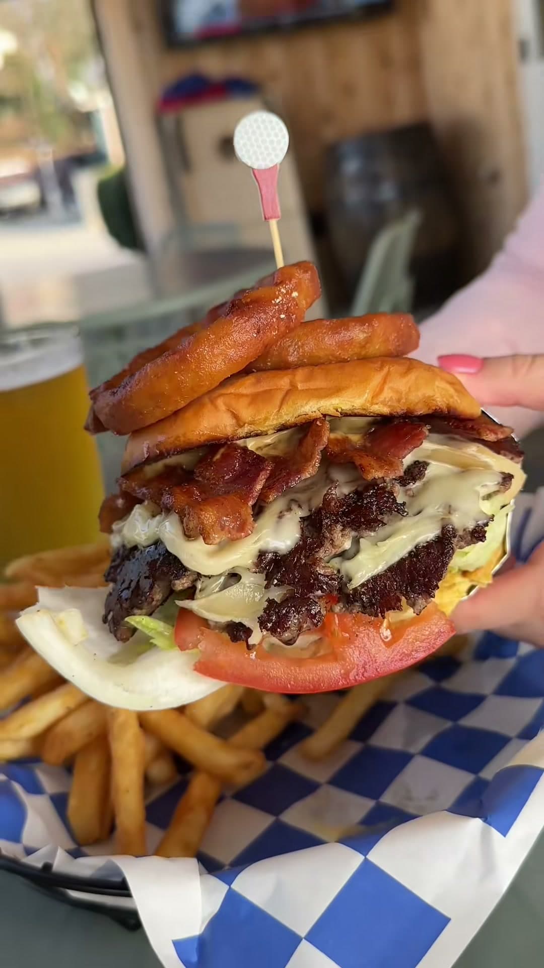 Double Smash Burger with Bacon and Onion Rings