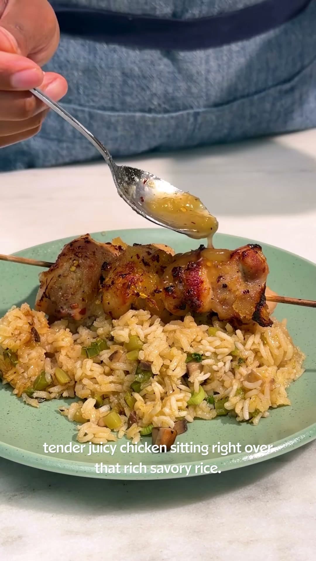 Jezebel Chicken Skewers with Dirty Rice