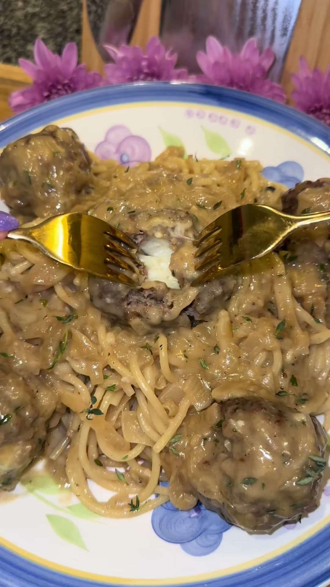 French Onion Spaghetti and Meatballs