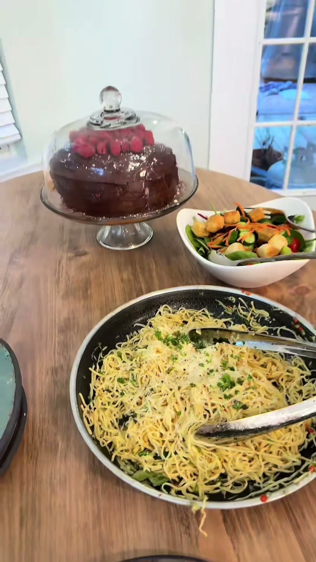 Lemon Basil Pasta, Garlic Breadsticks, and Chocolate Raspberry Cake
