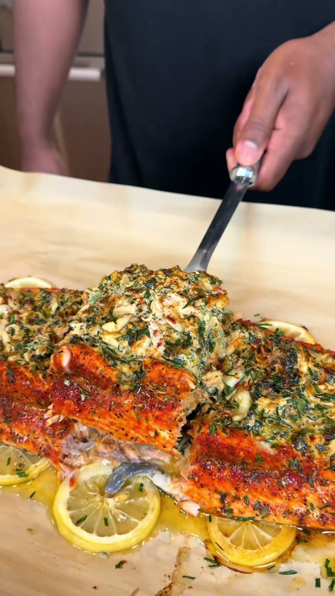 Crab and Spinach Stuffed Salmon