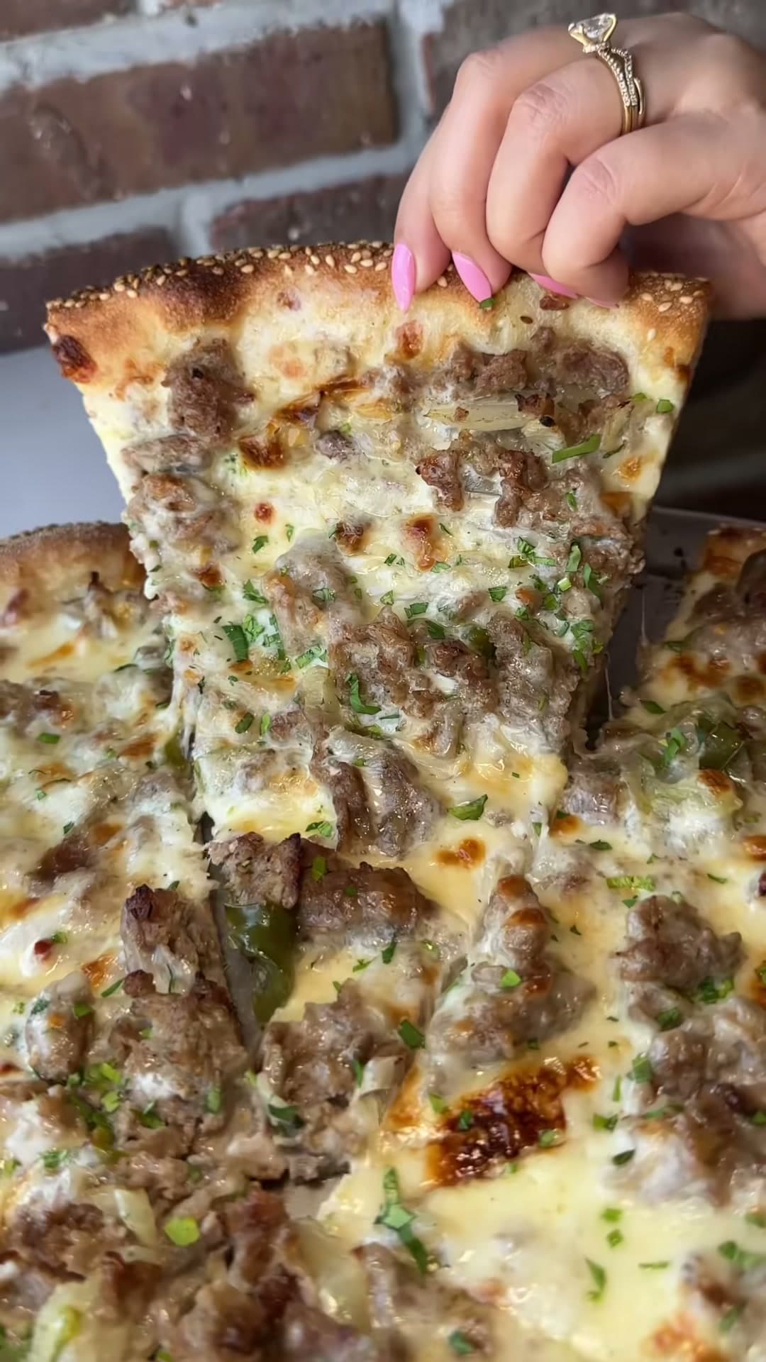 Cheesesteak Pizza with Sesame Seed Crust