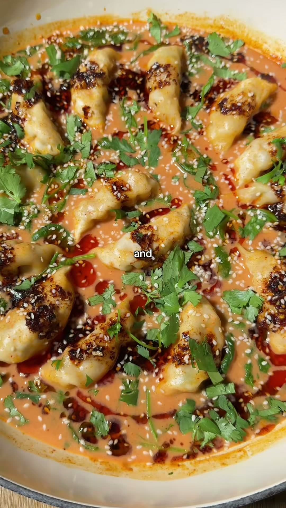 One-Pan Baked Dumplings with Creamy Red Curry Sauce