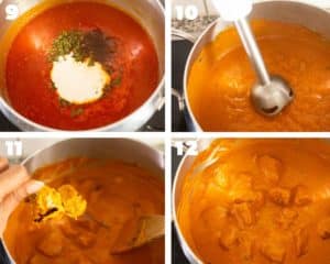 adding grilled chicken to butter chicken sauce