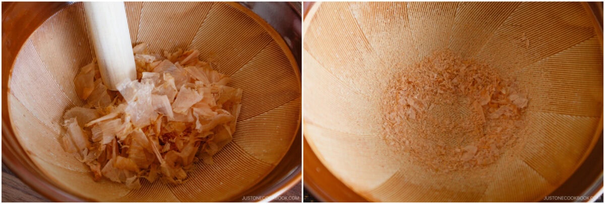 Two side-by-side images: the left shows whole bonito flakes in a grinding bowl with a pestle; the right shows the bonito flakes ground into a fine powder in the same bowl.