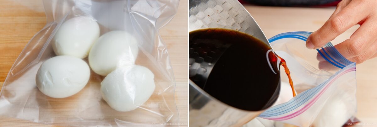 Four peeled hard-boiled eggs in a plastic bag on the left; on the right, a hand pours dark marinade into a zip-top bag with the eggs, preparing savory ramen eggs.