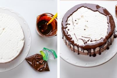 Cake with chocolate drizzled edges.
