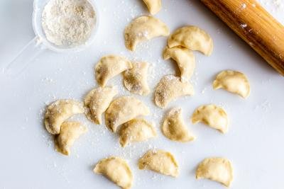 Pierogi filled on a tray