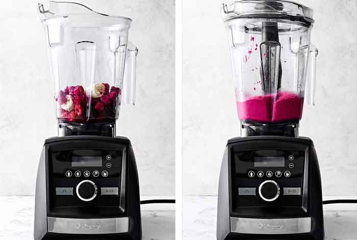 Blending pitaya and fruits in a Vitamix.