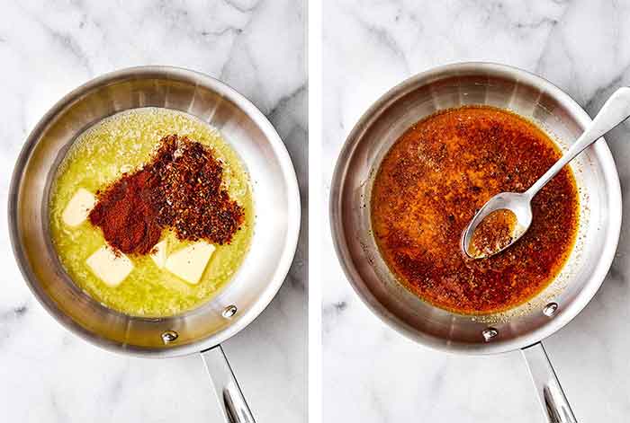 Making spiced butter sauce in a pan.