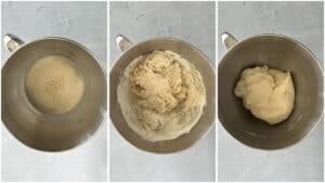 blooming yeast, combining dough ingredients and manakeesh dough ball in a bowl