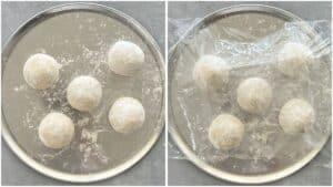 5 manakeesh dough balls on a tray