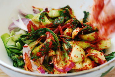 DSC 0780 e1428291413551 - Baby Bok Choy Kimchi Salad (Geotjeori)