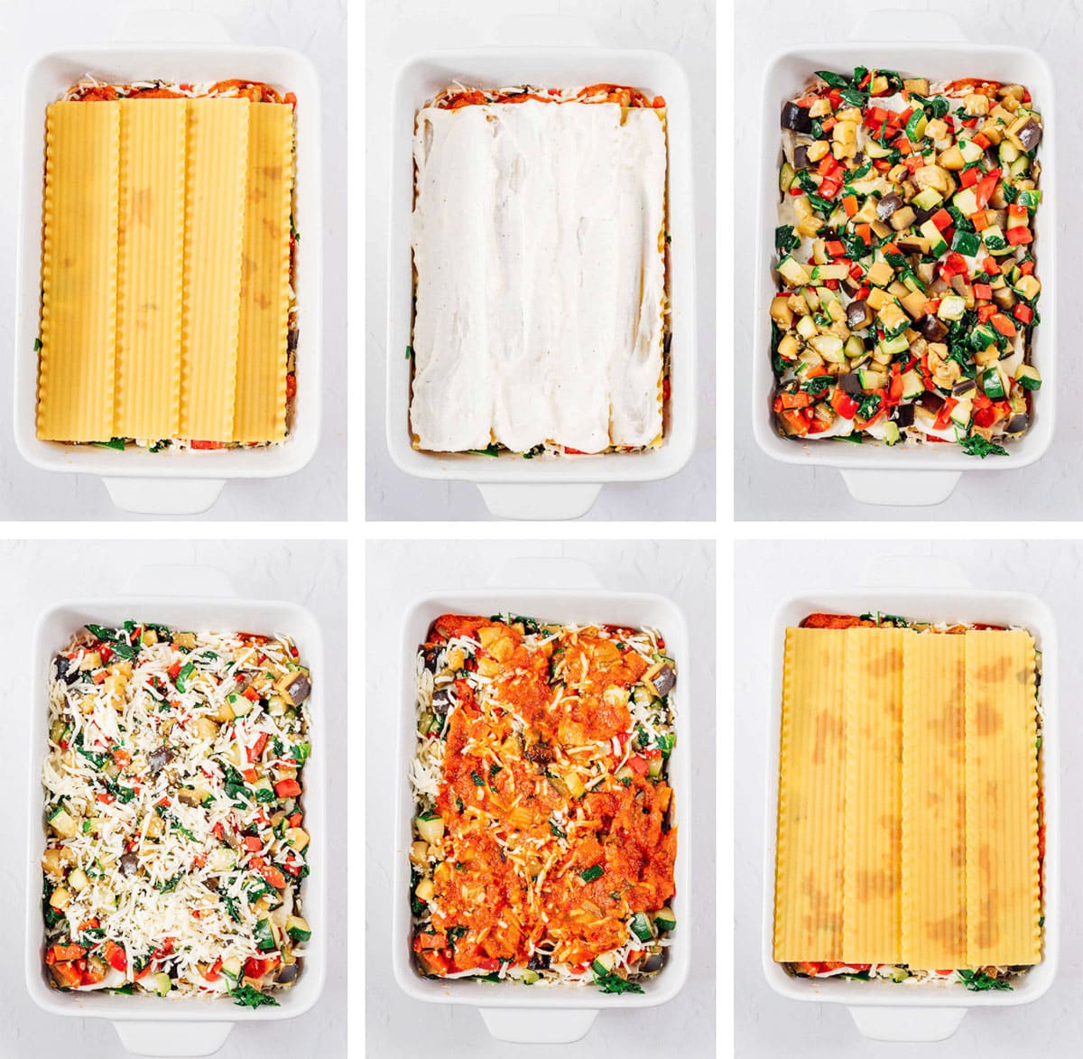 Six-step collage showing the assembly of vegetarian lasagna in a white baking dish, layering uncooked noodles, ricotta mixture, sautéed vegetables, shredded cheese, and sauce.