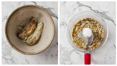 Peeled eggplants for baingan bharta and broiled and peeled eggplants in a food processor after being mashed for baingan bharta