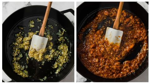 Sauteed onions for baingan bharta in a black pan with a white top wooden spatula and sauteed tomato and onion masala for baingan bharta in a black pan with wooden spatula