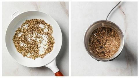 Skillet of coriander seeds, cumin seeds and carom seeds beside a picture of these whole spices grinded in a spice grinder.