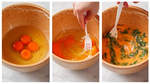 Crack eggs into a bowl, whisk them and then add cilantro and whisk to make Egg Bhurji.
