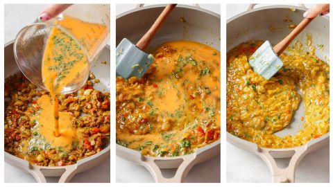 Pour eggs into sautéed onion mixture. Stir with spatula until cooked to make Egg Bhurji.